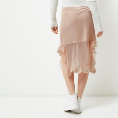 Light pink chiffon frill hem button-up skirt